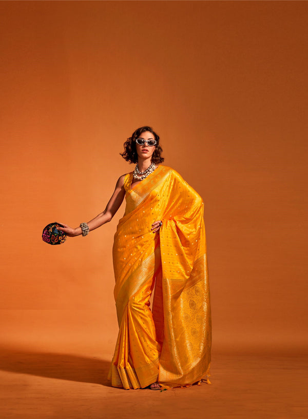 Sunrise Orange Pure Satin Handloom Weaving Silk Saree - PAHRAVA