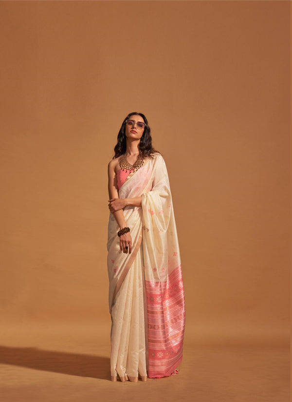 Spanish White With Pink Handloom Weaving Silk Saree - PAHRAVA