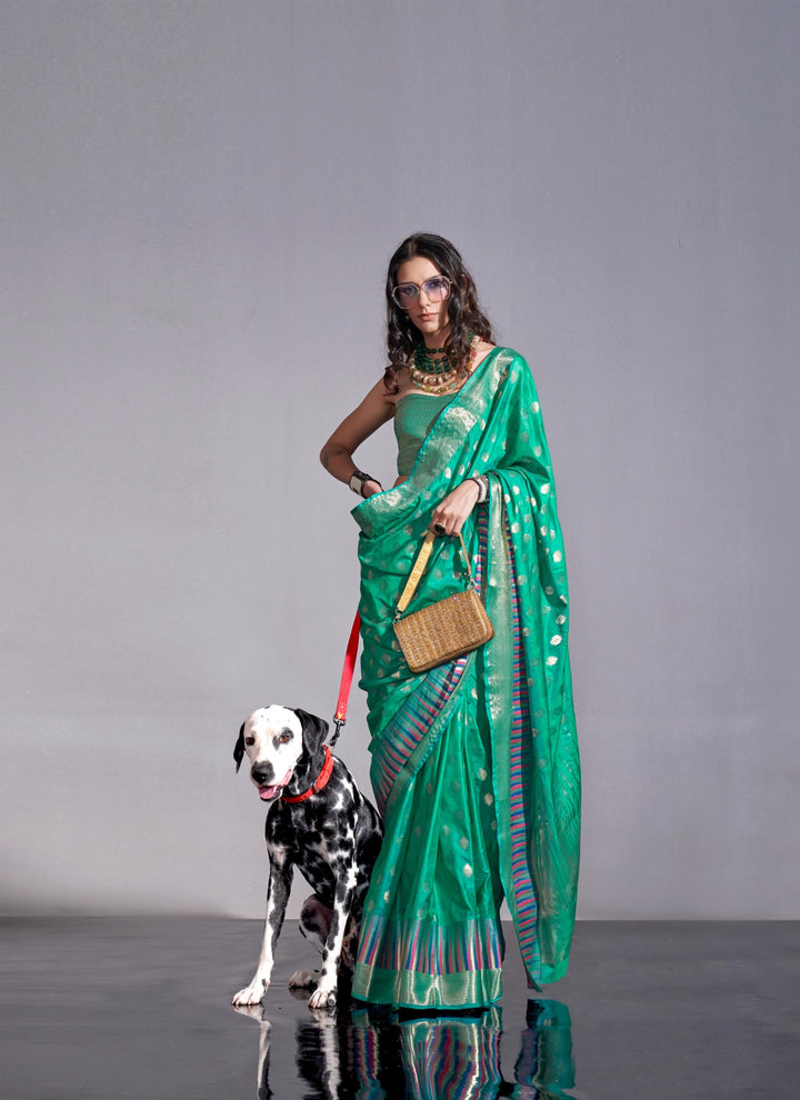 Persian Green Handwoven Weaving Silk Saree - PAHRAVA