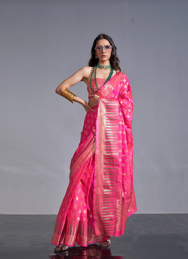 Warm Pink Handwoven Weaving Silk Saree - PAHRAVA