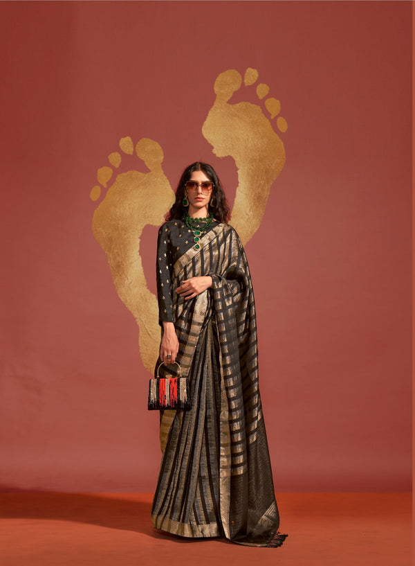 Gold Black Pure Viscose Handloom Weaving Saree - PAHRAVA