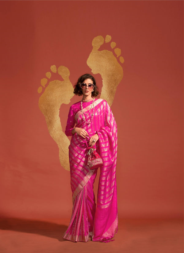 Rose Pink Pure Viscose Handloom Weaving Saree - PAHRAVA