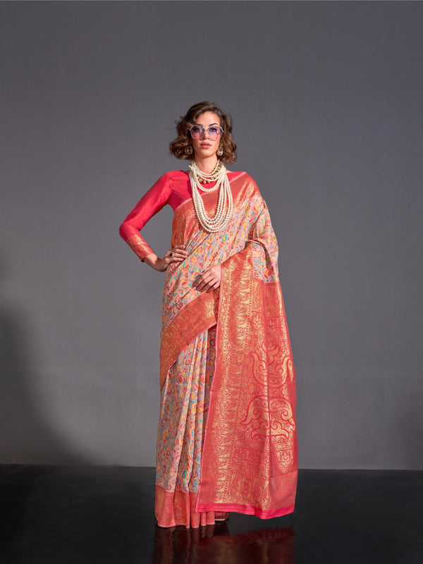 Light Blush With Red Modal Kashmiri Chaap Handloom Weaving Saree - PAHRAVA