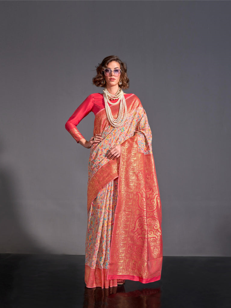 Light Blush With Red Modal Kashmiri Chaap Handloom Weaving Saree - PAHRAVA