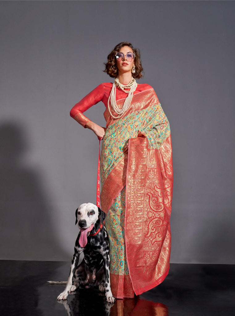 Blush Red With Light Green Modal Kashmiri Chaap Handloom Weaving Saree - PAHRAVA