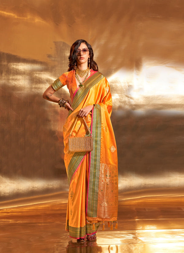 Exotic Orange Pure Satin Chaap Handloom Weaving Silk Saree - PAHRAVA