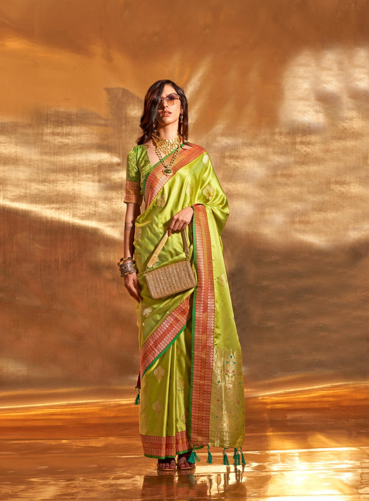 Parrot Green Pure Satin Chaap Handloom Weaving Silk Saree - PAHRAVA