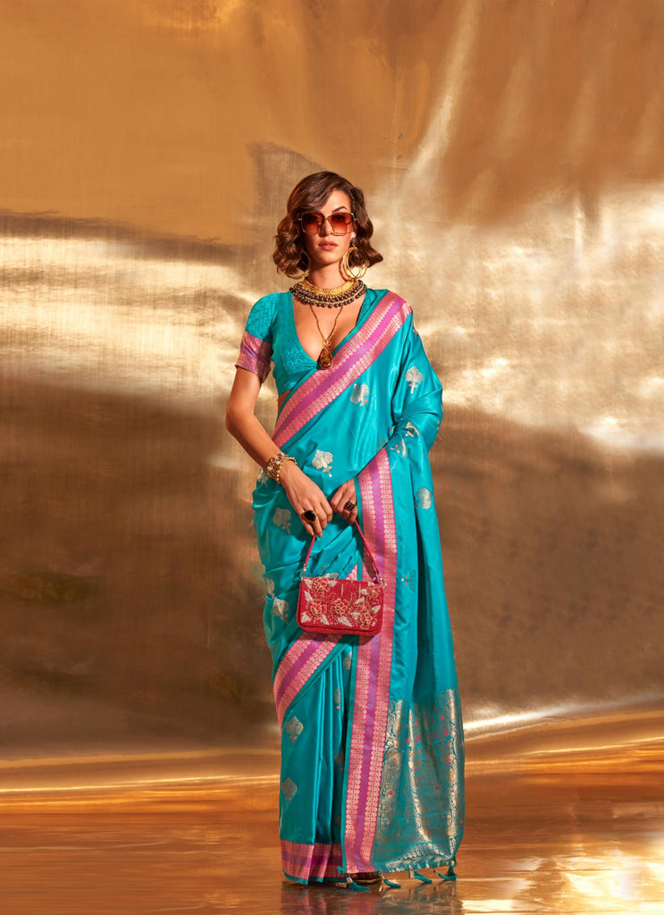 Sea Blue Pure Satin Chaap Handloom Weaving Silk Saree - PAHRAVA