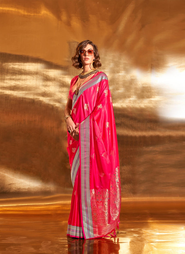 Pinkish Red Pure Satin Chaap Handloom Weaving Silk Saree - PAHRAVA