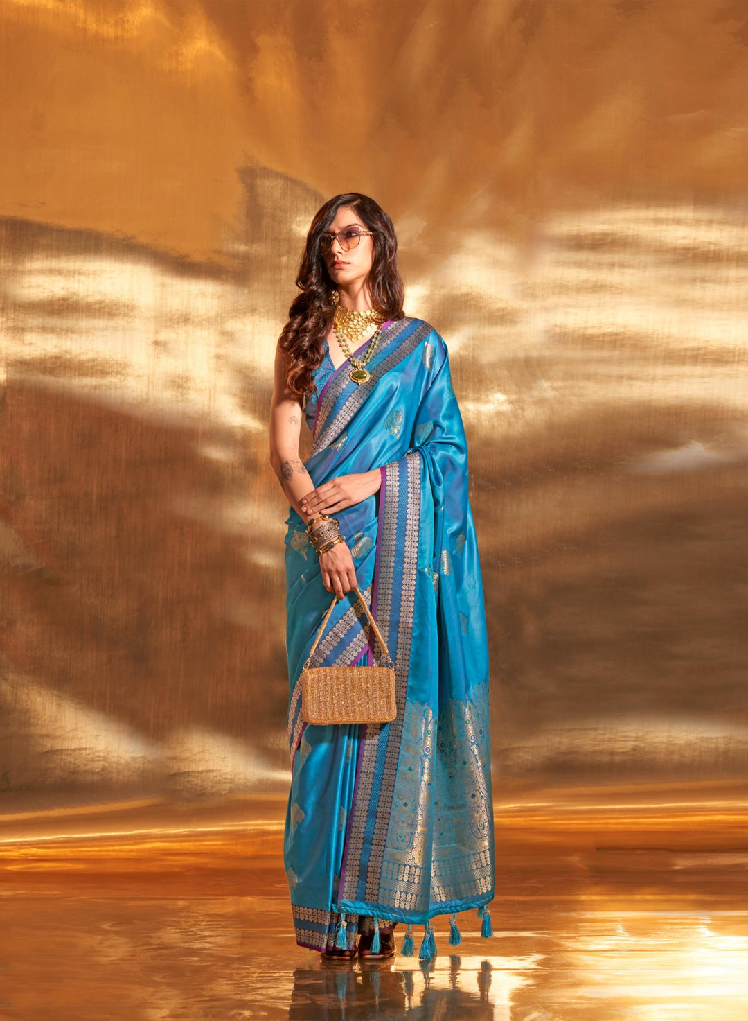 Cyan Blue Pure Satin Chaap Handloom Weaving Silk Saree - PAHRAVA