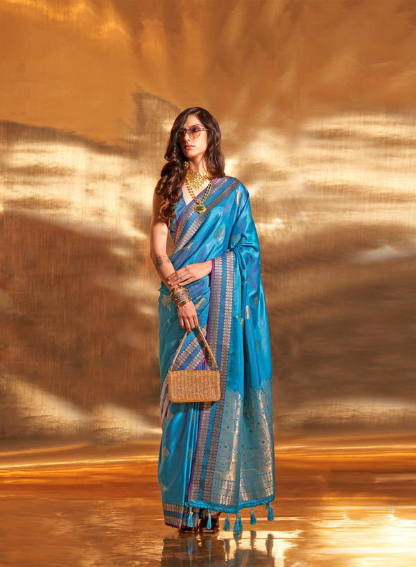 Cyan Blue Pure Satin Chaap Handloom Weaving Silk Saree - PAHRAVA