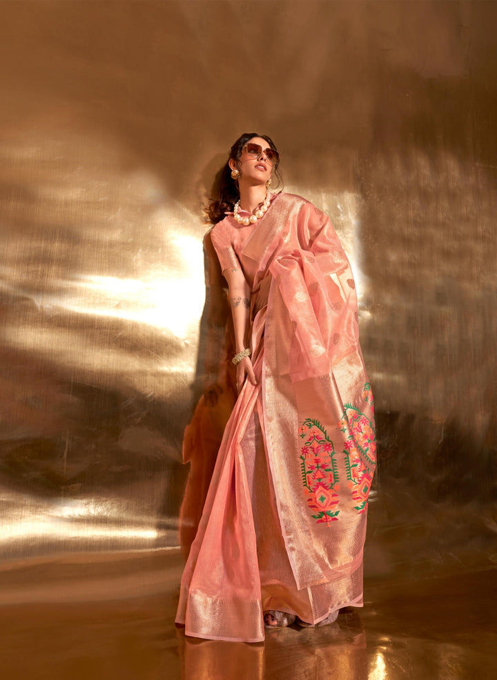 Dark Peach Paithani Zari Tissue Saree - PAHRAVA