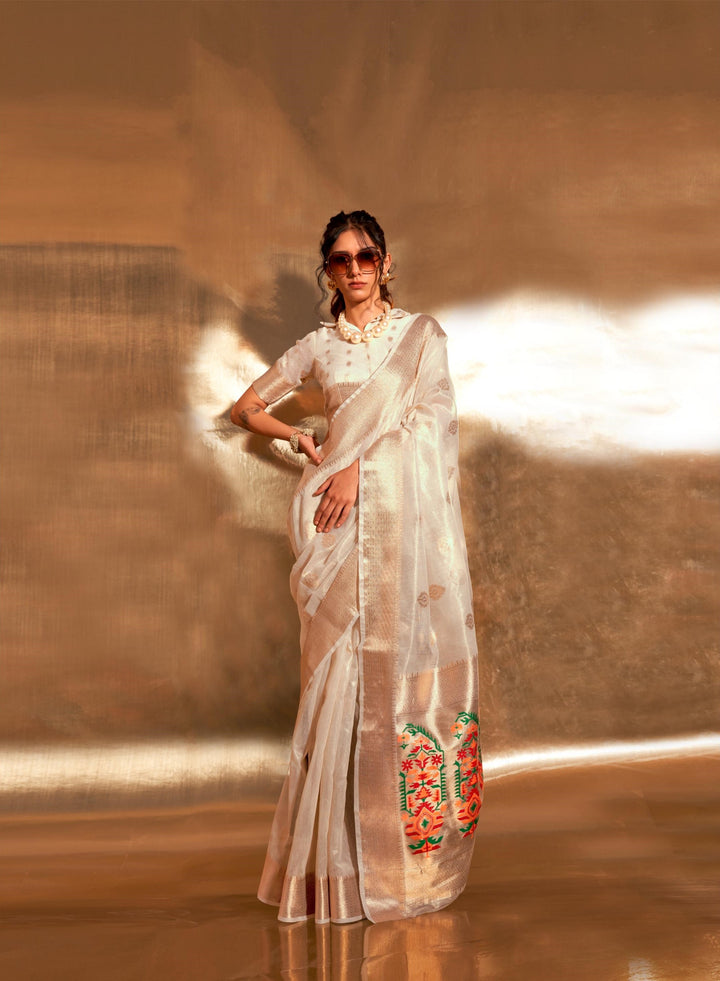 Spanish White Paithani Zari Tissue Saree - PAHRAVA