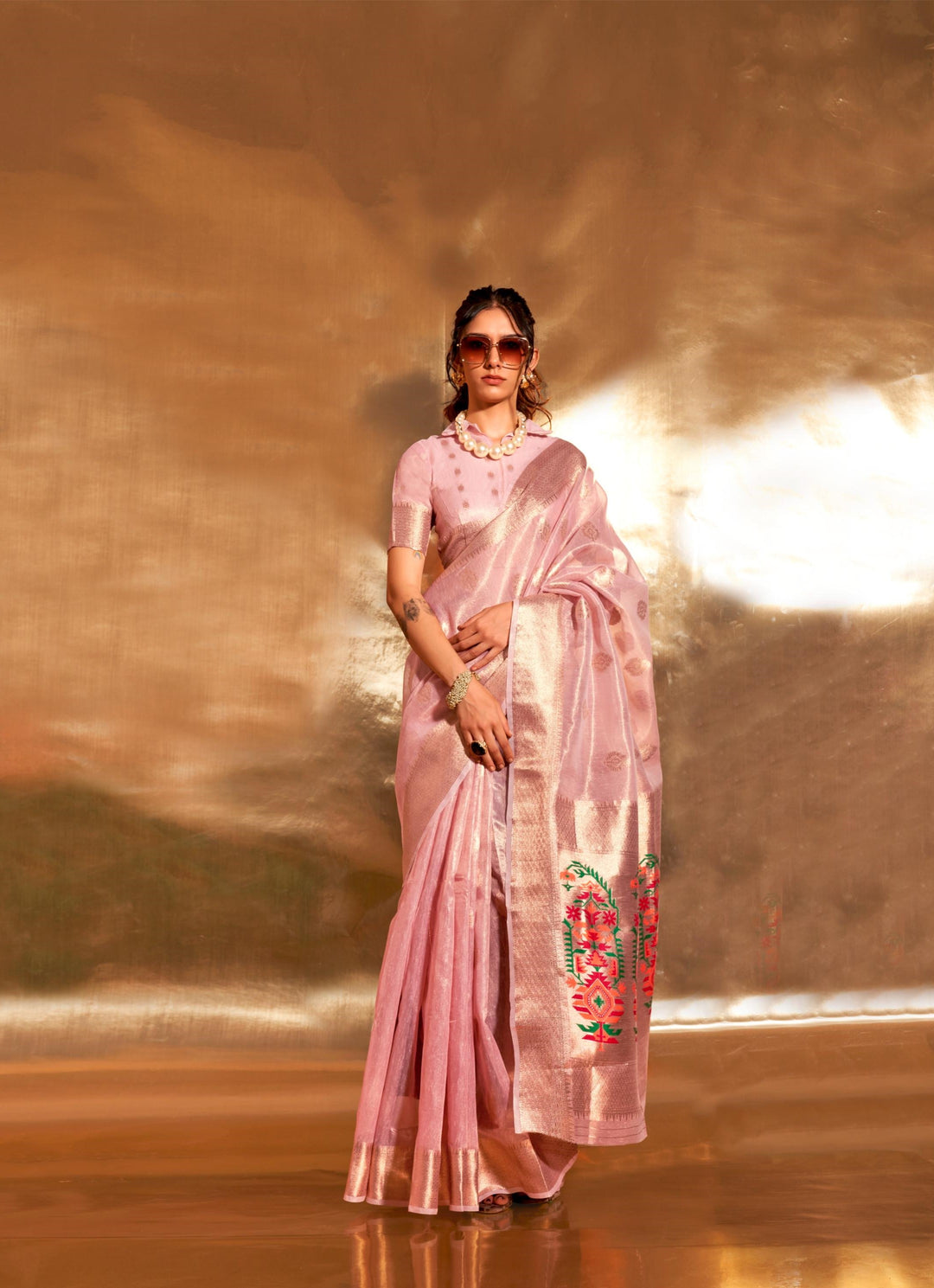 Charm Pink Paithani Zari Tissue Saree - PAHRAVA