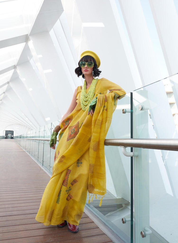 Lemon Yellow Print Handloom Zari Tissue Saree - PAHRAVA