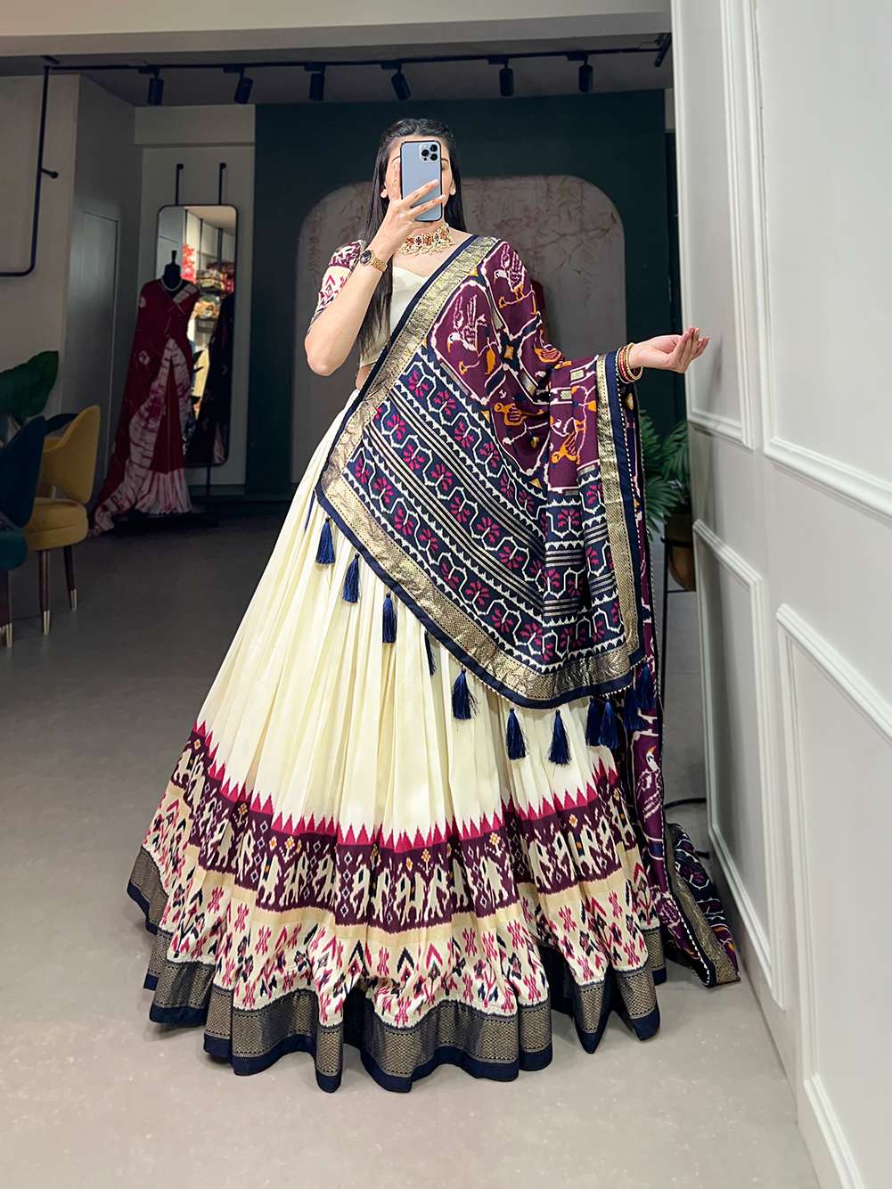 Pure Purple Printed Tussar Silk Lehenga Choli - PAHRAVA