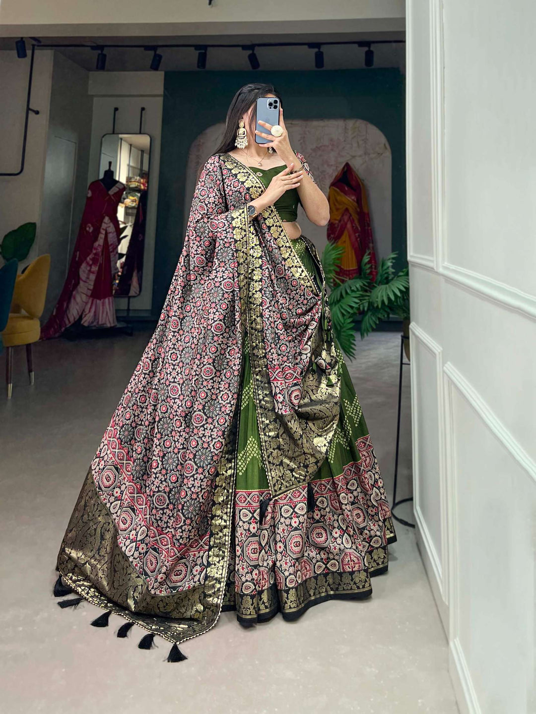 Mahendi Green Ajarakh Printed Tusser Silk Lehenga Choli - PAHRAVA