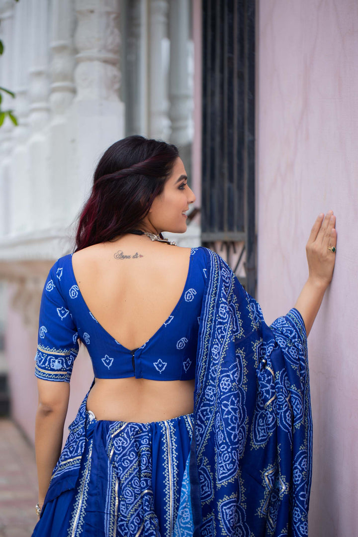 Navy Blue Bandhani Printed Lehenga Set - PAHRAVA