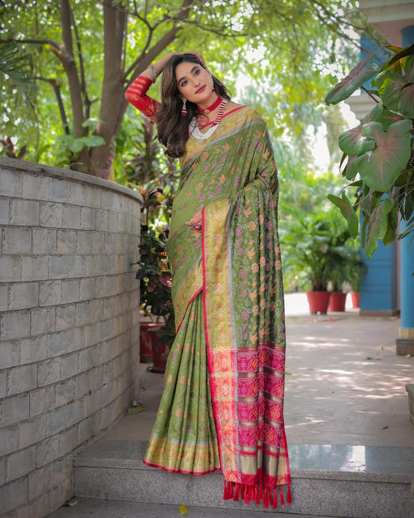 Pesto Green Soft Patola Silk Saree with Rich Pallu.