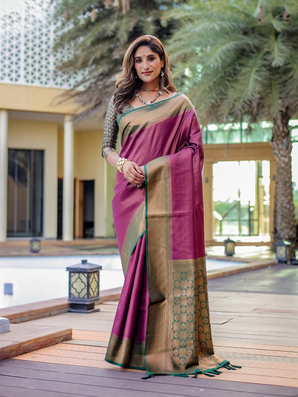 Plum Purple Kubera Pattu Kanjivaram Silk Saree.