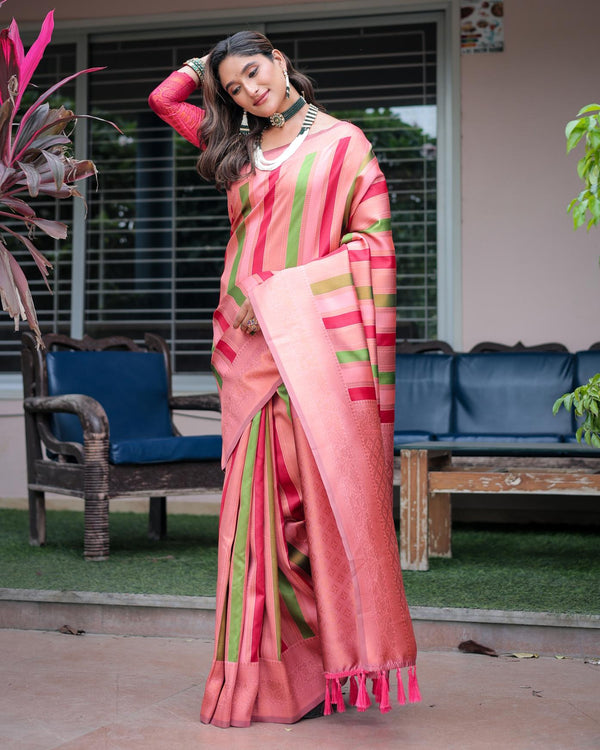 Flamingo Pink Soft Semi Kanjivaram Pattu Silk Saree.