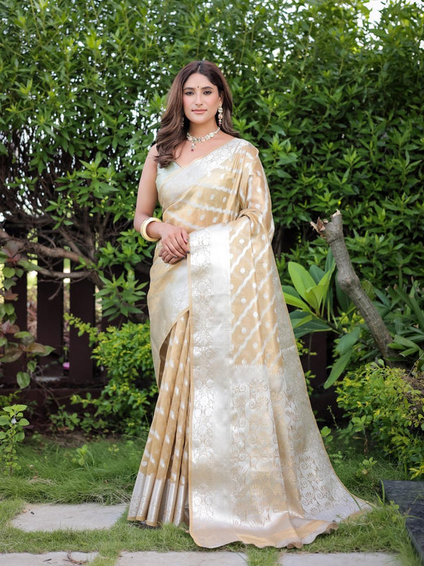 Light Yellow Banarsi handloom glass tissue Saree.