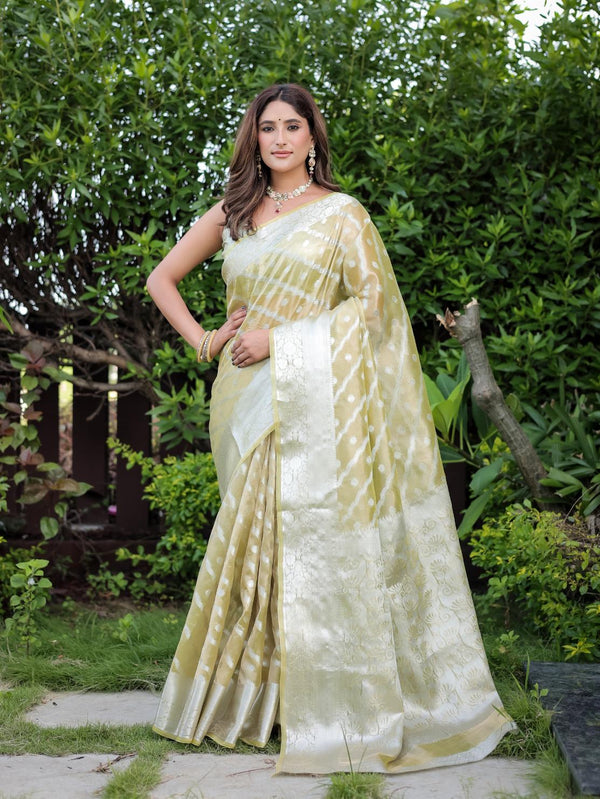 Pista Green Banarsi handloom glass tissue Saree.