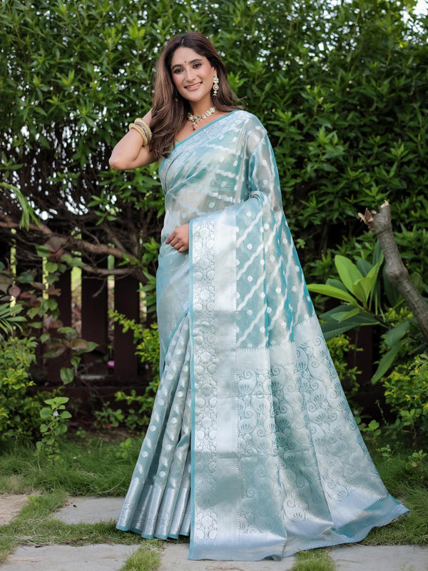 Sky Blue Banarsi handloom glass tissue Saree.