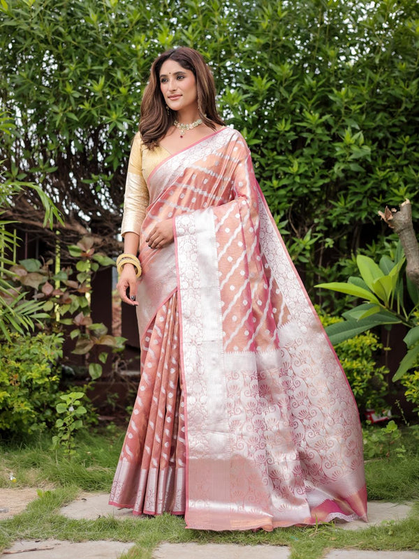 Peach Banarsi handloom glass tissue Saree.