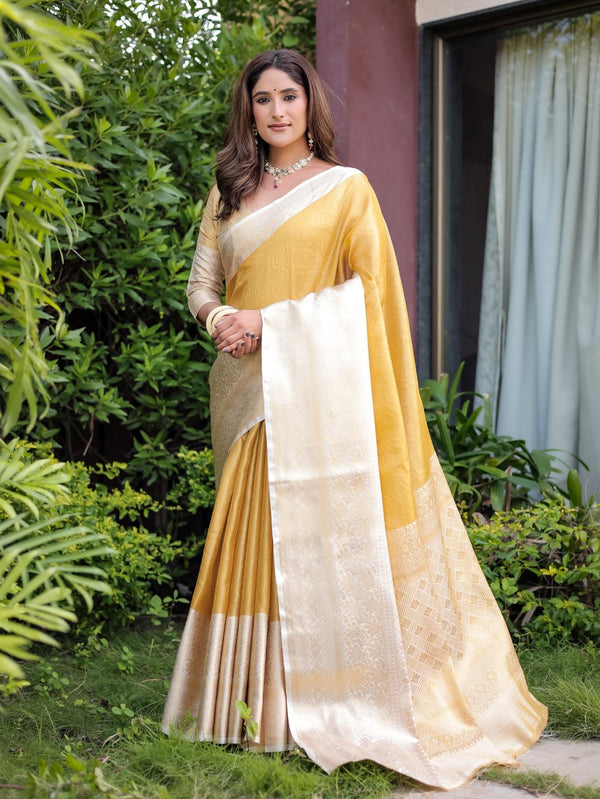 Lemon Yellow Banarasi Handloom Zari Saree.