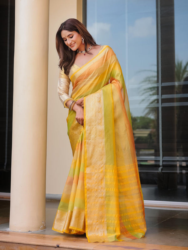 Mustard Yellow Banarasi Handloom Crush Saree.