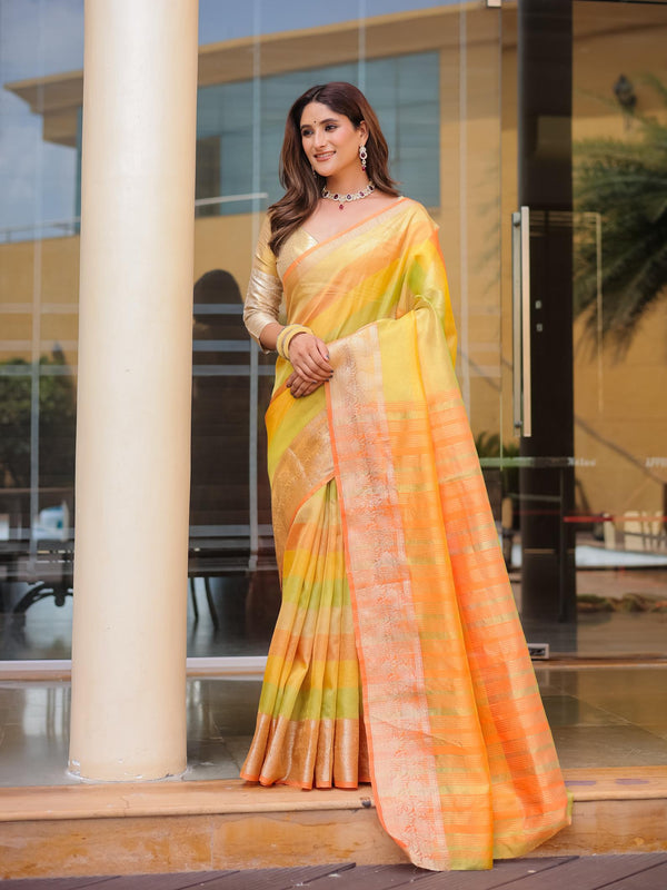 Mustard Yellow Banarasi Handloom Crush Saree.