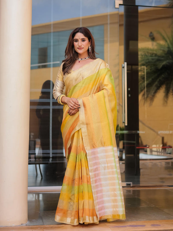 Mustard Yellow Banarasi Handloom Crush Saree.