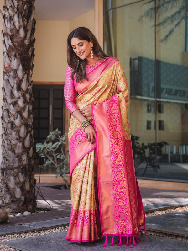 Mustard Yellow Dharmavaram Silk Saree with Full Zari Base.