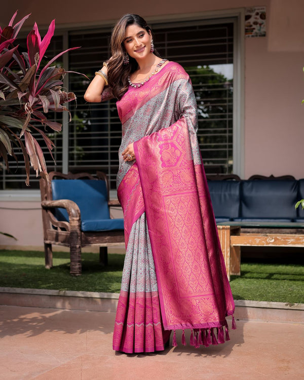 Rose Pink Designer Tassels Banarsi Silk Saree.