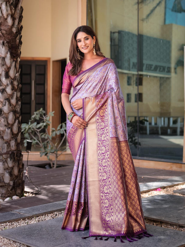 Pastel Purple Dharmavaram Silk Saree with Full Zari Base.