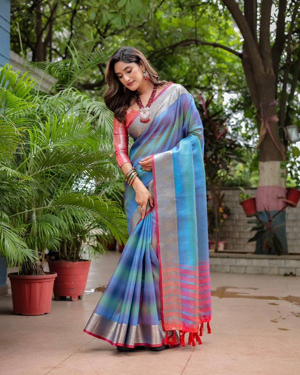 Sky Blue Soft Banarasi Silk Saree with Rangkat Pattern.