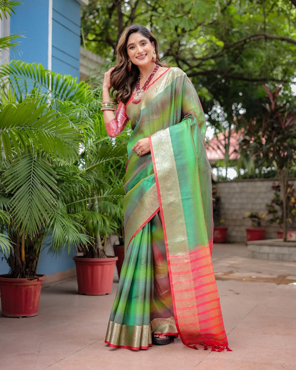 Soft Green Soft Banarasi Silk Saree with Rangkat Pattern.