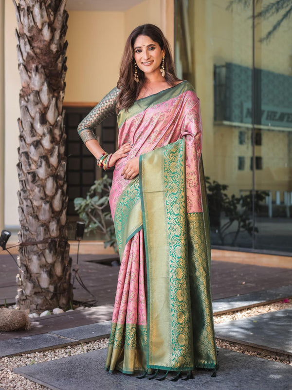 Rosy Pink Dharmavaram Silk Saree with Full Zari Base.