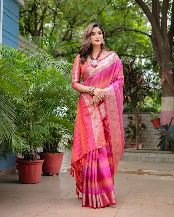 Charm Pink Soft Banarasi Silk Saree with Rangkat Pattern.