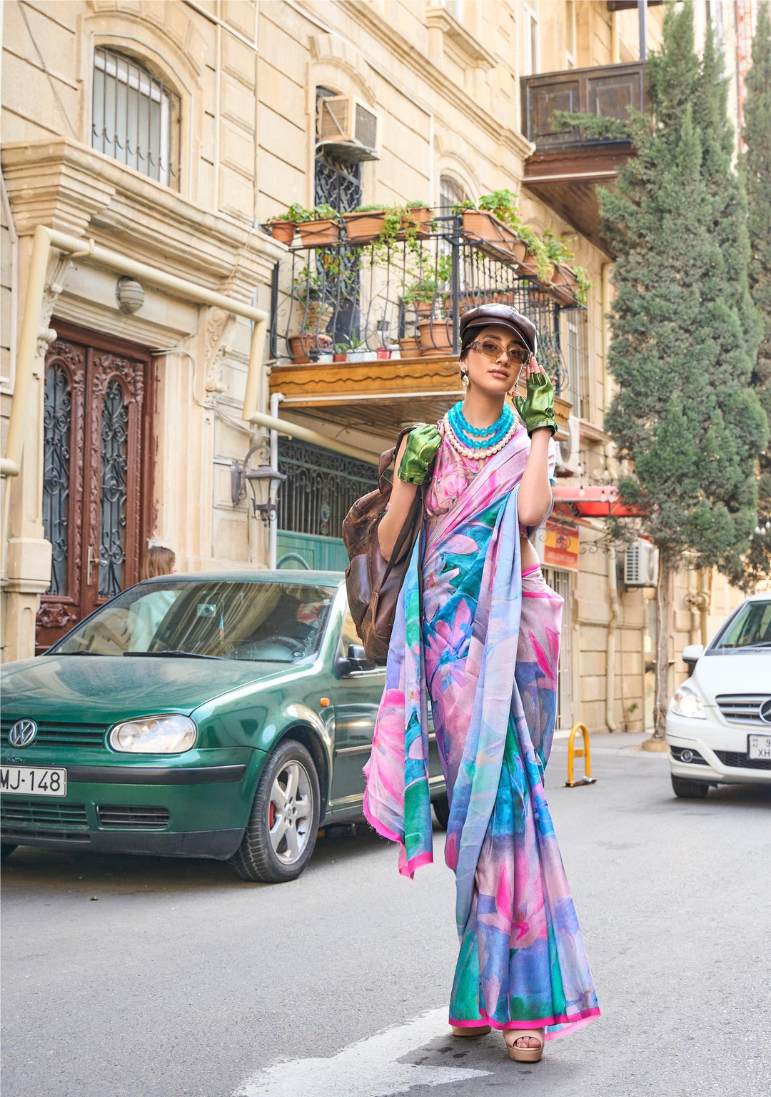 Celestial Blue With Pink Printed Satin Georgette Saree - PAHRAVA