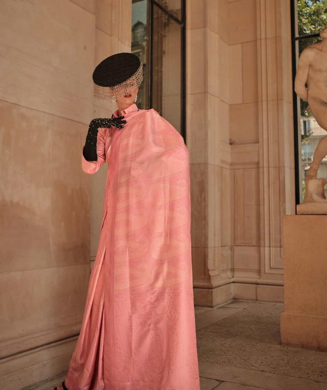 Peachy Pink Pure Satin Handloom Weaving Saree - PAHRAVA