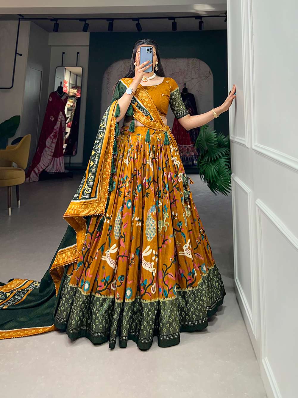 Mustard Yellow Dola Silk Printed Lehenga Choli - PAHRAVA