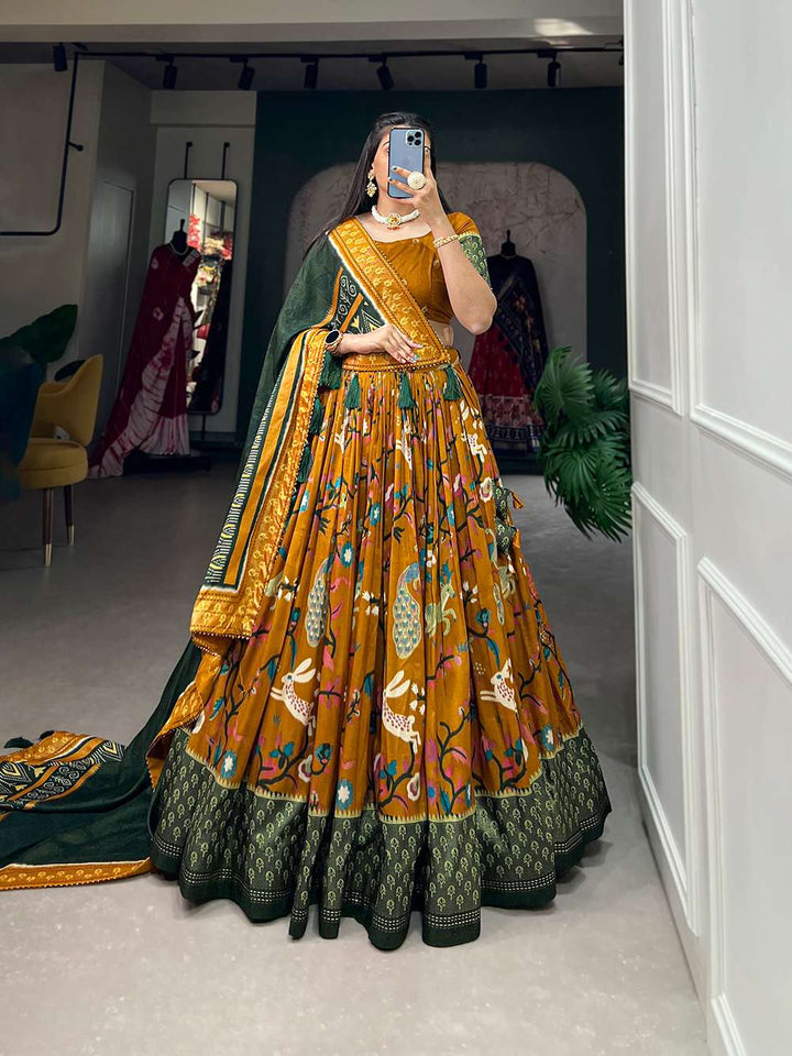 Mustard Yellow Dola Silk Printed Lehenga Choli - PAHRAVA