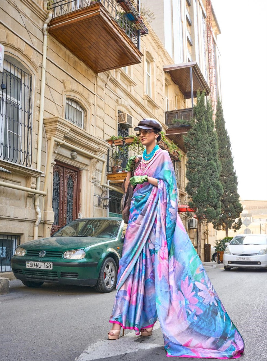 Celestial Blue With Pink Printed Satin Georgette Saree - PAHRAVA