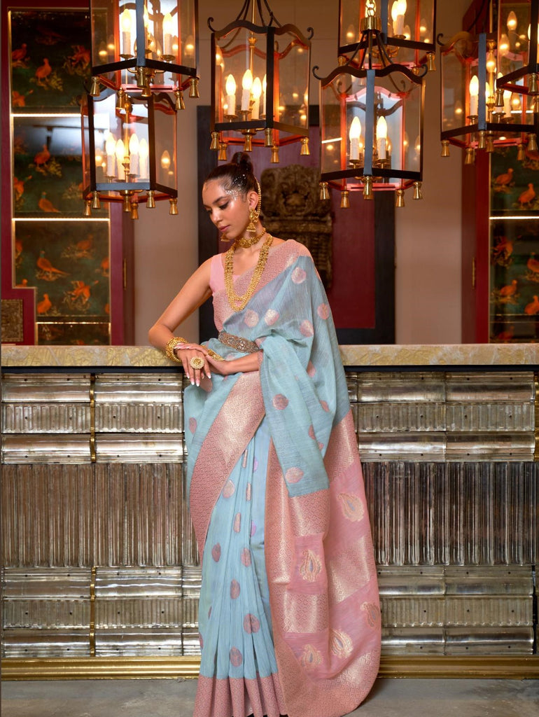 Light Blue Pure Linen Weaving Saree - PAHRAVA