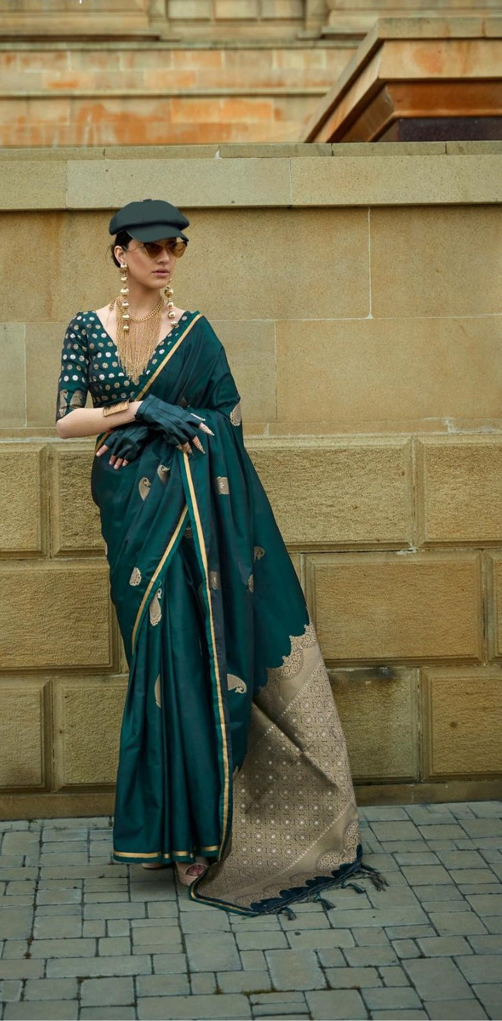 Bottle Green Pure Satin Weaving Silk Saree - PAHRAVA