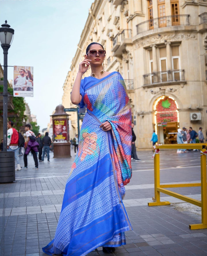 Royal Blue Print Poly Viscose Handloom Weaving Saree - PAHRAVA