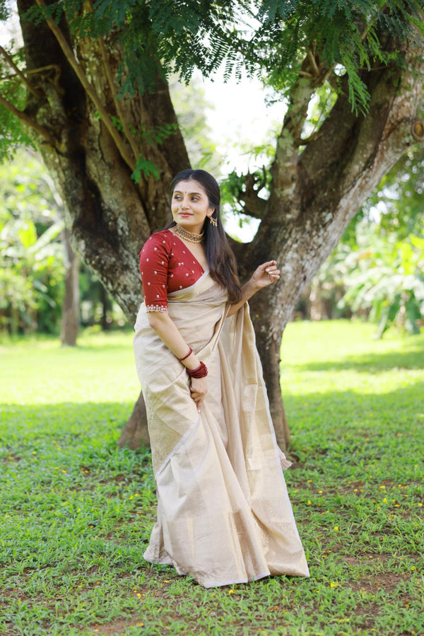 Cream Tissue Banarasi crush saree.