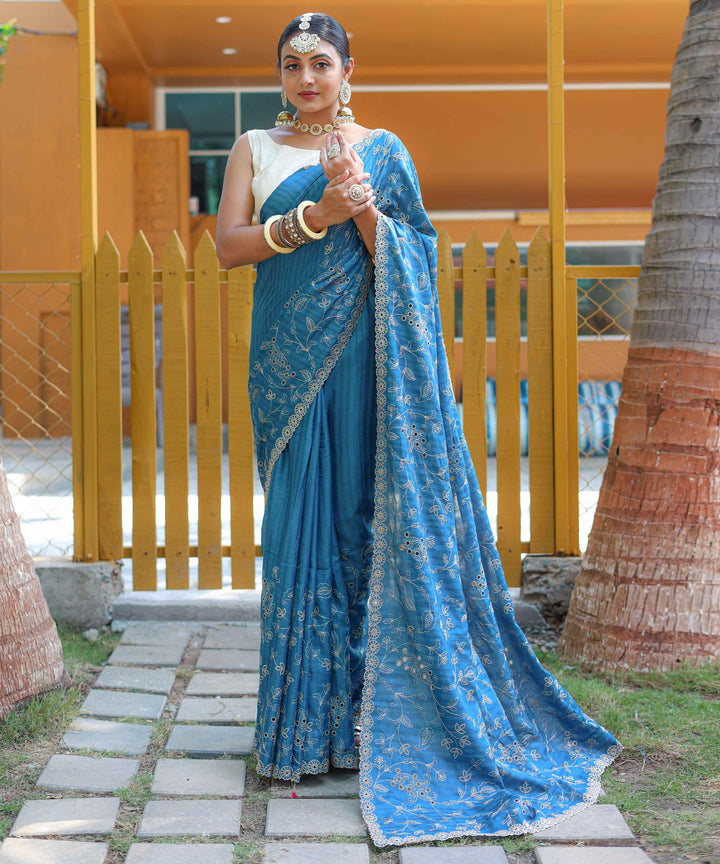 Turquoise Blue soft silk saree - PAHRAVA